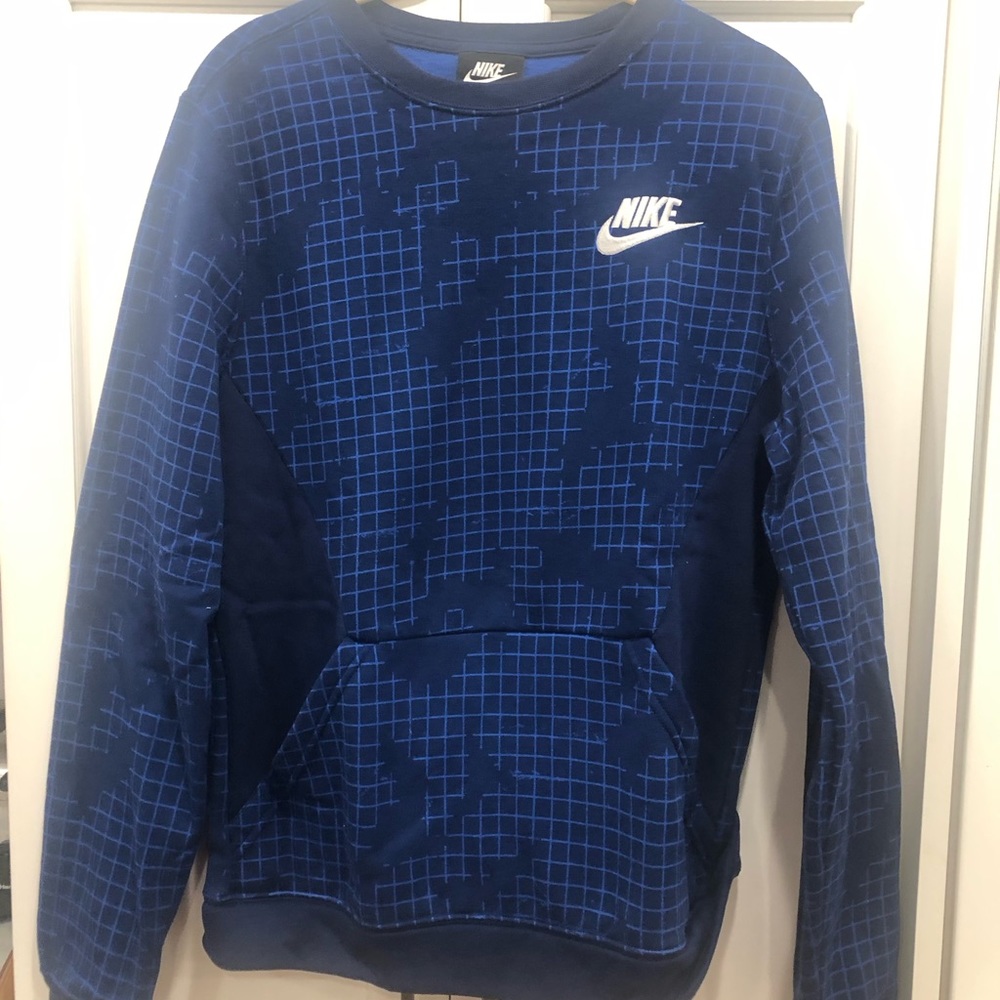 Nike hoodie blue navy grid pattern sweatshirt with thumb holes and front pocket